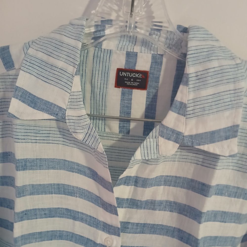 Untuckit Vietti Women's Long sleeve Linen Button Up Blue White Stripe  S… - Picture 3 of 11